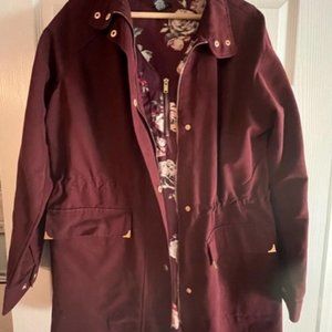 Burgundy jacket and floral blouse combo